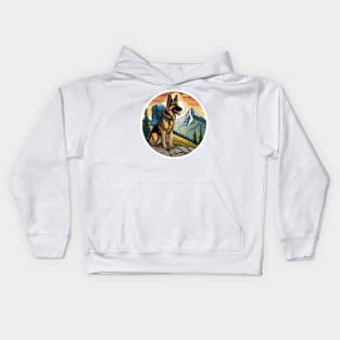 Vintage Retro Adventure Pup: Mountain Trails with German Shepherd Dog Kids Hoodie